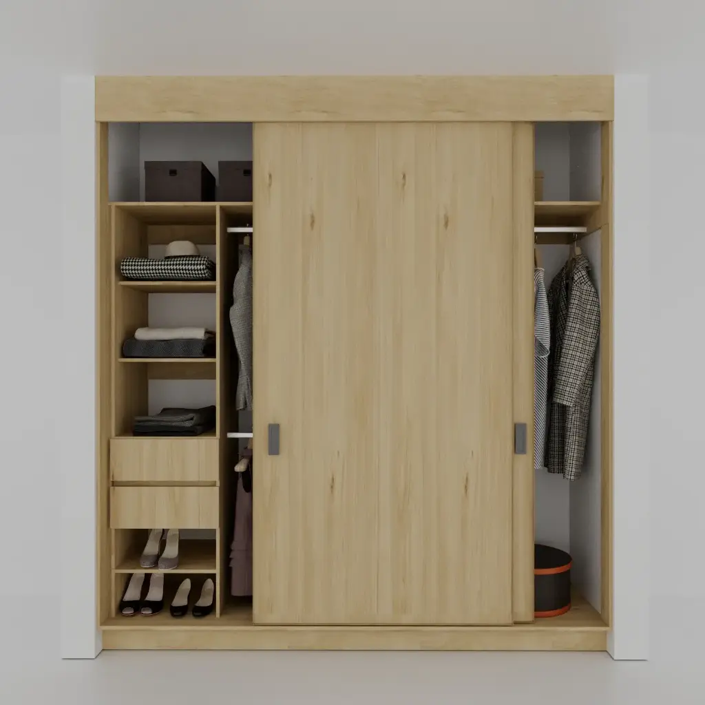 MODULA ZAPATERA 1450-2300 IZQ - CLOSET PUERTAS CORREDIZAS 1 TORRE DE ENTREPAÑOS, CAJONES Y ZAPATERA, COLGADO DOBLE, COLGADO DE LARGOS (MIN=1450, MAX=2300) IZQUIERDO 