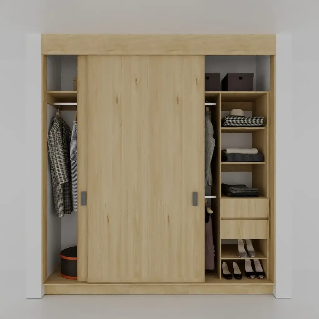 MODULA ZAPATERA 1450-2300 DER - CLOSET PUERTAS CORREDIZAS 1 TORRE DE ENTREPAÑOS, CAJONES Y ZAPATERA, COLGADO DOBLE, COLGADO DE LARGOS (MIN=1450, MAX=2300) DERECHO