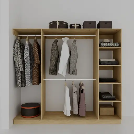 FLEX ENTREPAÑOS 1700-2300 DER - CLOSET SIN PUERTAS 1 TORRE DE ENTREPAÑOS, COLGADO DOBLE, COLGADO DE LARGOS (MIN=1700, MAX=2300) DERECHO