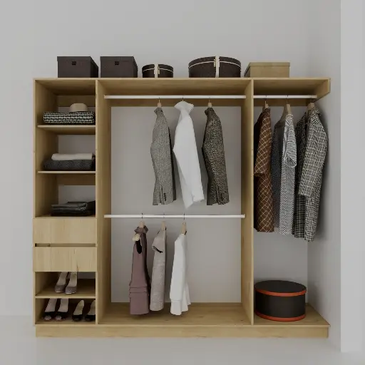 FLEX ZAPATERA 1700-2300 IZQ  - CLOSET SIN PUERTAS 1 TORRE DE ENTREPAÑOS, CAJONES Y ZAPATERA, COLGADO DOBLE, COLGADO DE LARGOS (MIN=1700, MAX=2300) IZQUIERDO 