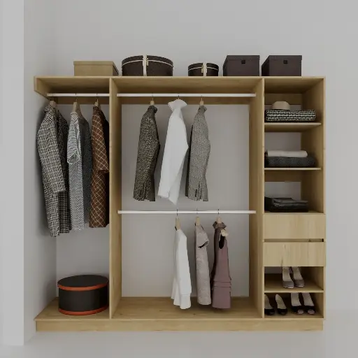FLEX ZAPATERA 1700-2300 DER - CLOSET SIN PUERTAS 1 TORRE DE ENTREPAÑOS, CAJONES Y ZAPATERA, COLGADO DOBLE, COLGADO DE LARGOS (MIN=1700, MAX=2300) DERECHO