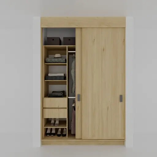 MODULA ZAPATERA 1300-1700 IZQ - CLOSET PUERTAS CORREDIZAS 1 TORRE DE ENTREPAÑOS, CAJONES Y ZAPATERA, COLGADO DOBLE (MIN=1300, MAX=1700) IZQUIERDO 