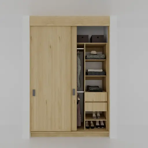 MODULA ZAPATERA 1300-1700 DER -CLOSET PUERTAS CORREDIZAS 1 TORRE DE ENTREPAÑOS, CAJONES Y ZAPATERA, COLGADO DOBLE (MIN=1300, MAX=1700) DERECHO