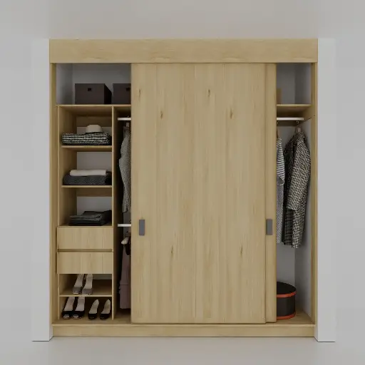 MODULA ZAPATERA 1450-2300 IZQ - CLOSET PUERTAS CORREDIZAS 1 TORRE DE ENTREPAÑOS, CAJONES Y ZAPATERA, COLGADO DOBLE, COLGADO DE LARGOS (MIN=1450, MAX=2300) IZQUIERDO 
