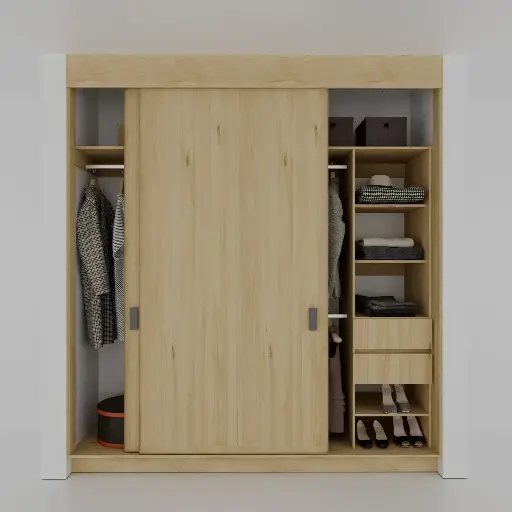 MODULA ZAPATERA 1450-2300 DER - CLOSET PUERTAS CORREDIZAS 1 TORRE DE ENTREPAÑOS, CAJONES Y ZAPATERA, COLGADO DOBLE, COLGADO DE LARGOS (MIN=1450, MAX=2300) DERECHO